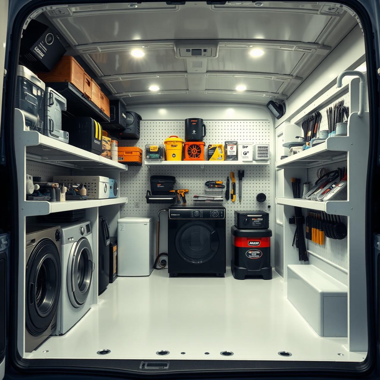 Organized service van interior with appliance parts